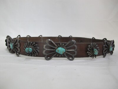 NAVAJO Native American TURQUOISE Sandcast Sterling Silver Flower CONCHO Belt