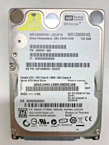 120 GB SATA NOTEBOOK FESTPLATTE WESTERN DIGITAL WD1200BEVS-22UST0  2,5'' #NFP687