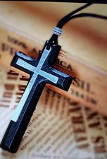 CROSS PENDANT wooden/Metal Double-layer, Black On Velvet Cord Nice Item See Pics