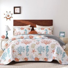 Coastal King Size Quilt Set 3 Pcs Ocean Beach Theme Bedding W/ Pillowcases