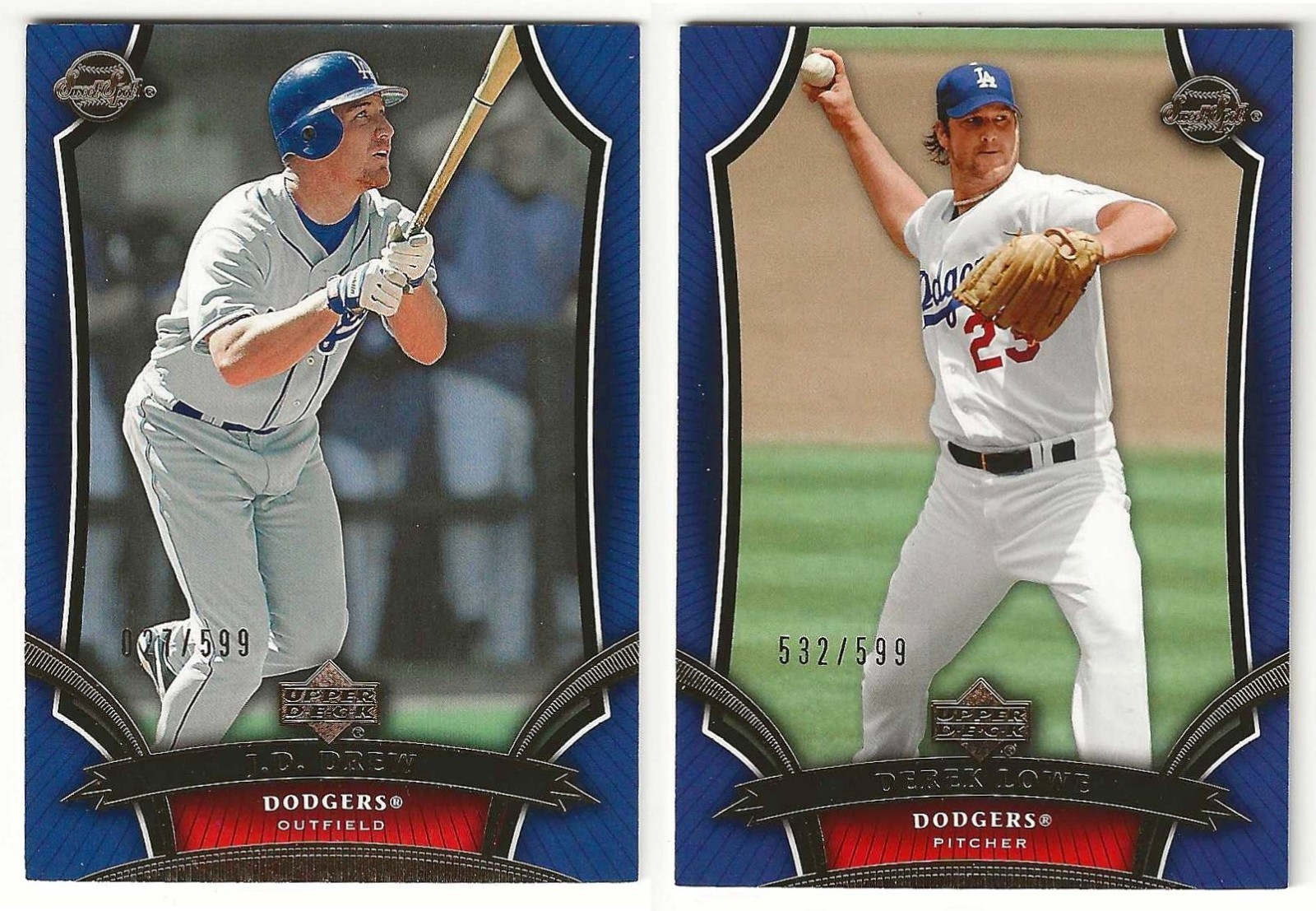 2005 Upper Deck Sweet Spot JD DREW + DEREK LOWE 2 Card DODGERS LOT #/599