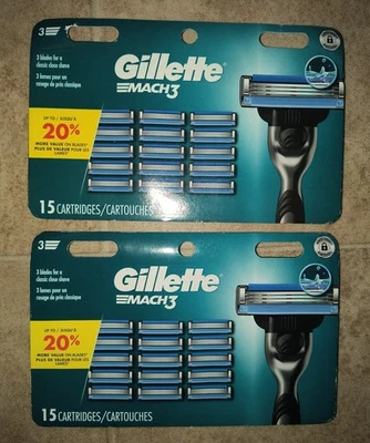 Gillette Mach3 Razor Blade Refills - 15 Count X 2 = 30 Cartridges Factory Sealed