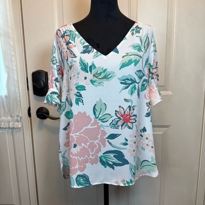 LOFT Floral Flutter V-Neck Top Sz Small Short Sleeve