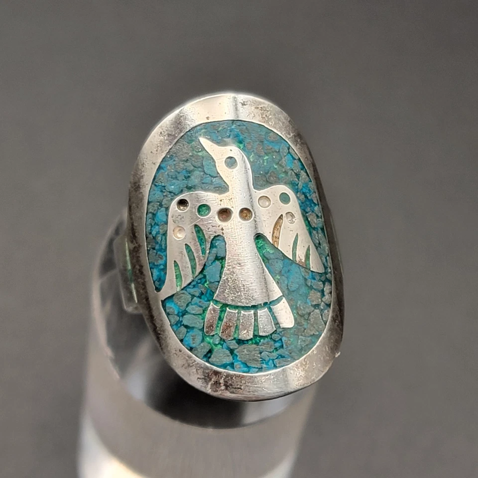 VTG Taxco Mexico 925 Sterling Silver Ring Turquoise Peyote Bird Gemstone Band PB - Image 4 of 4