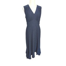 London Times Eyelet Dress Womens 8 Navy Blue High Low Retro Sleeveless Fit Flare