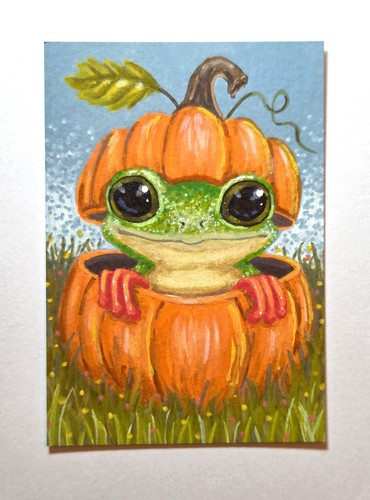 ACEO Original Painting, Fall Halloween Frog Cute, 2.5x3.5, Art By BlueOrchidsCo