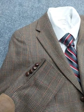 Vtg Austin Reed Jacket Blazer 36 R Brown Houndstooth Tweed Elbow Patch USA Made