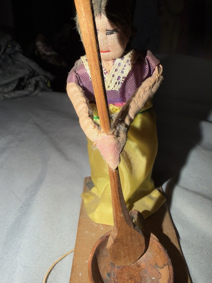 Vintage Mexican Pull-String Mechanical Doll Folk Art Toy Moving Automaton