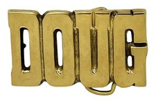 Vtg 80s DOUG Brass Belt Buckle Cut Spell Out Taiwan NOS Open Pack Tarnish Scuff