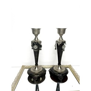 Rare Vintage Set of Two Metal Silver and Black Indian Candleholders