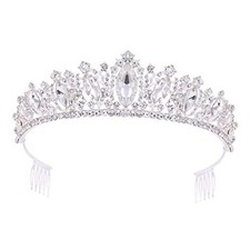 Glamorous Crystal-Studded Wedding Crown with Leafy Accents and Combs Silver,