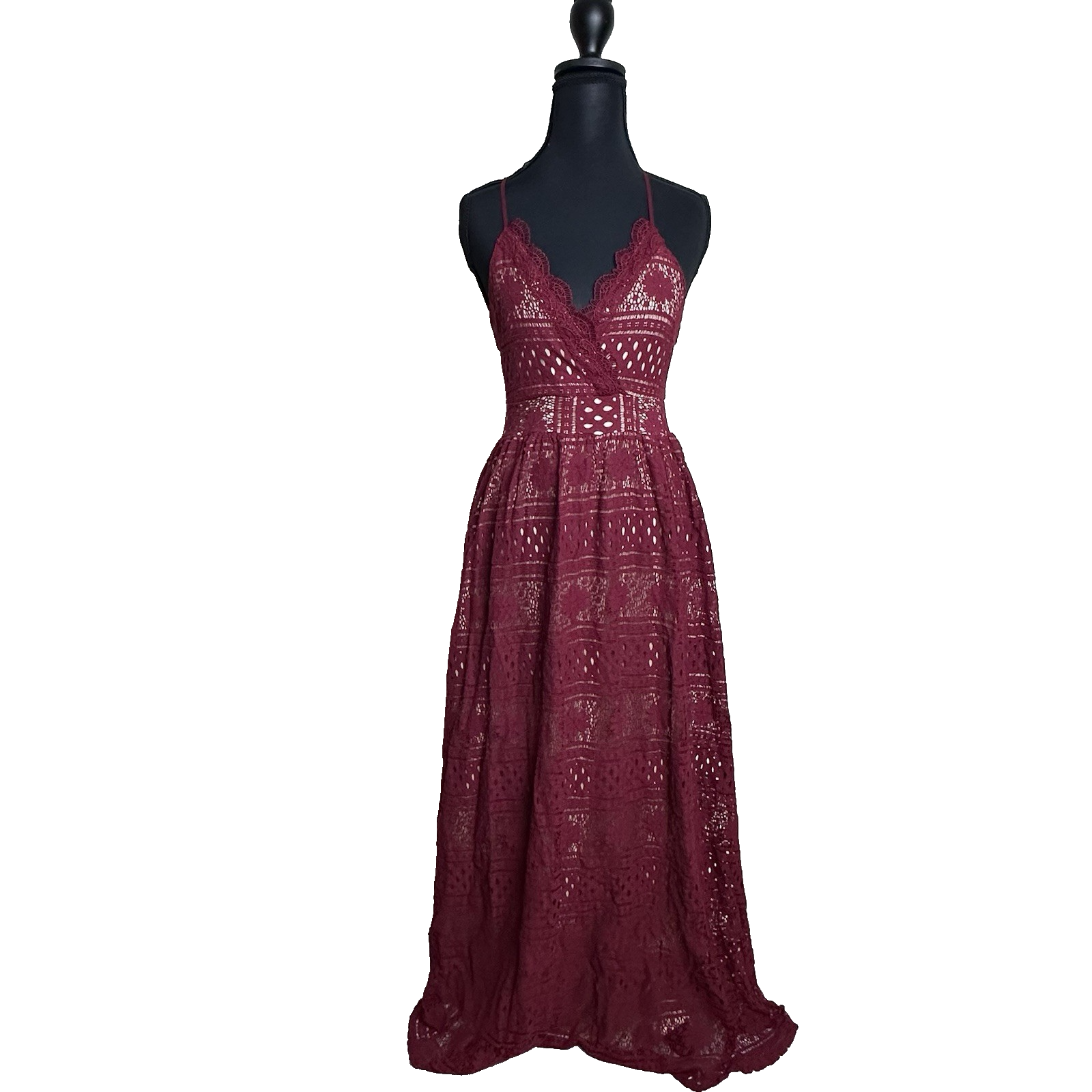 VICI Women’s Romantic Lace Maxi Dress Halter Open Back Boho Chic Burgundy Sz S