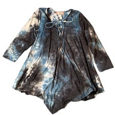 Womens C'est La Vie Blouse Size M 3/4 Slv Blue Tie Dye LaceUp Y2K Fairy Mystical
