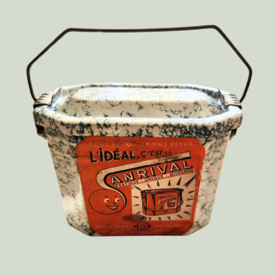 Vintage Französische Karneval L'Ideal Emaille Granit Dose Brotdose mit Deckel