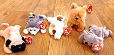 5 x TY BEANIE BABIES - Mel,Butch,Dog-(Zodiac) Nanook & Pugsly ,most plastic tags