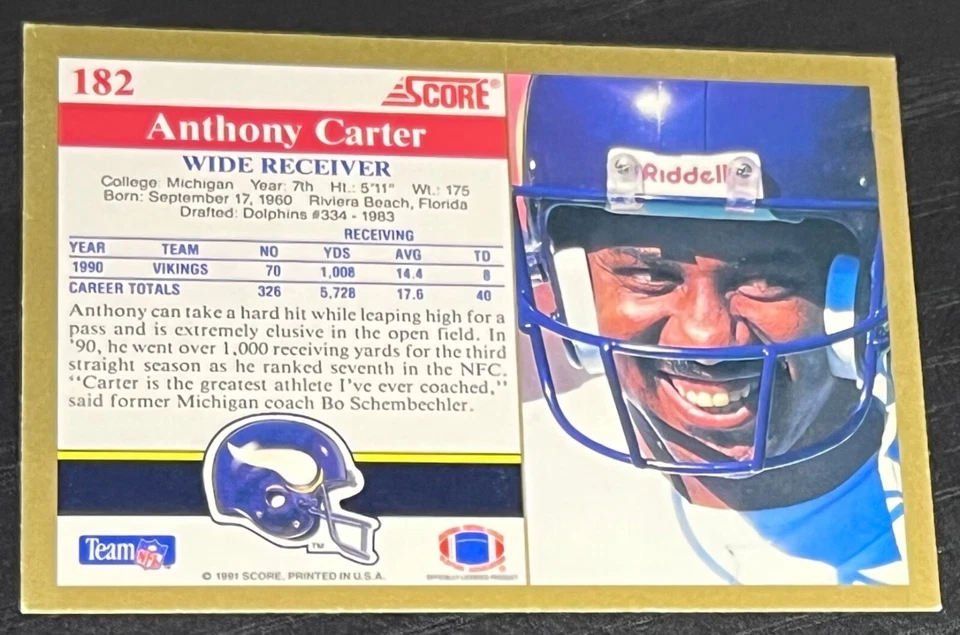 1991 Score Football #182 Anthony Carter Minnesota Vikings Autographed Card - Image 2 of 2
