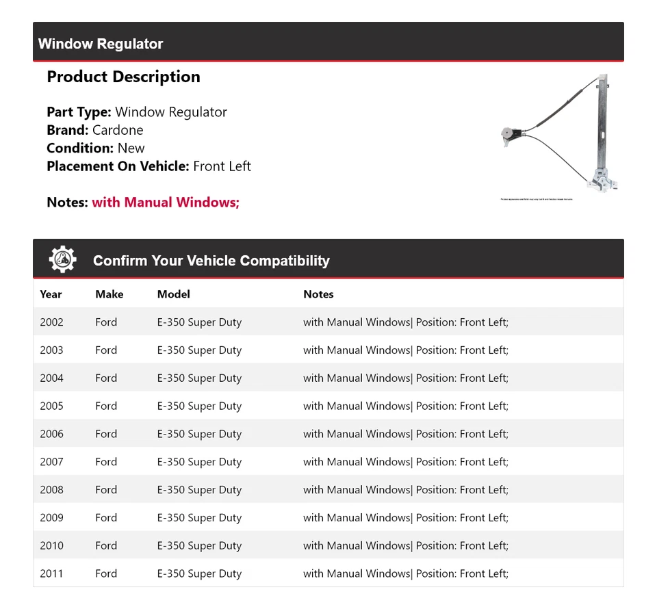 Regulador de ventana delantero izquierdo cardone 2003 para Ford E-350 Super Duty 2002-2011 Foto 2 de 4