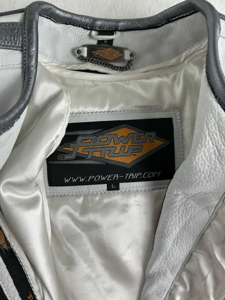 Power Trip Women's Leather Zip Up Motorcycle Jacket Large Cream/Silver Grey - Image 3 of 4