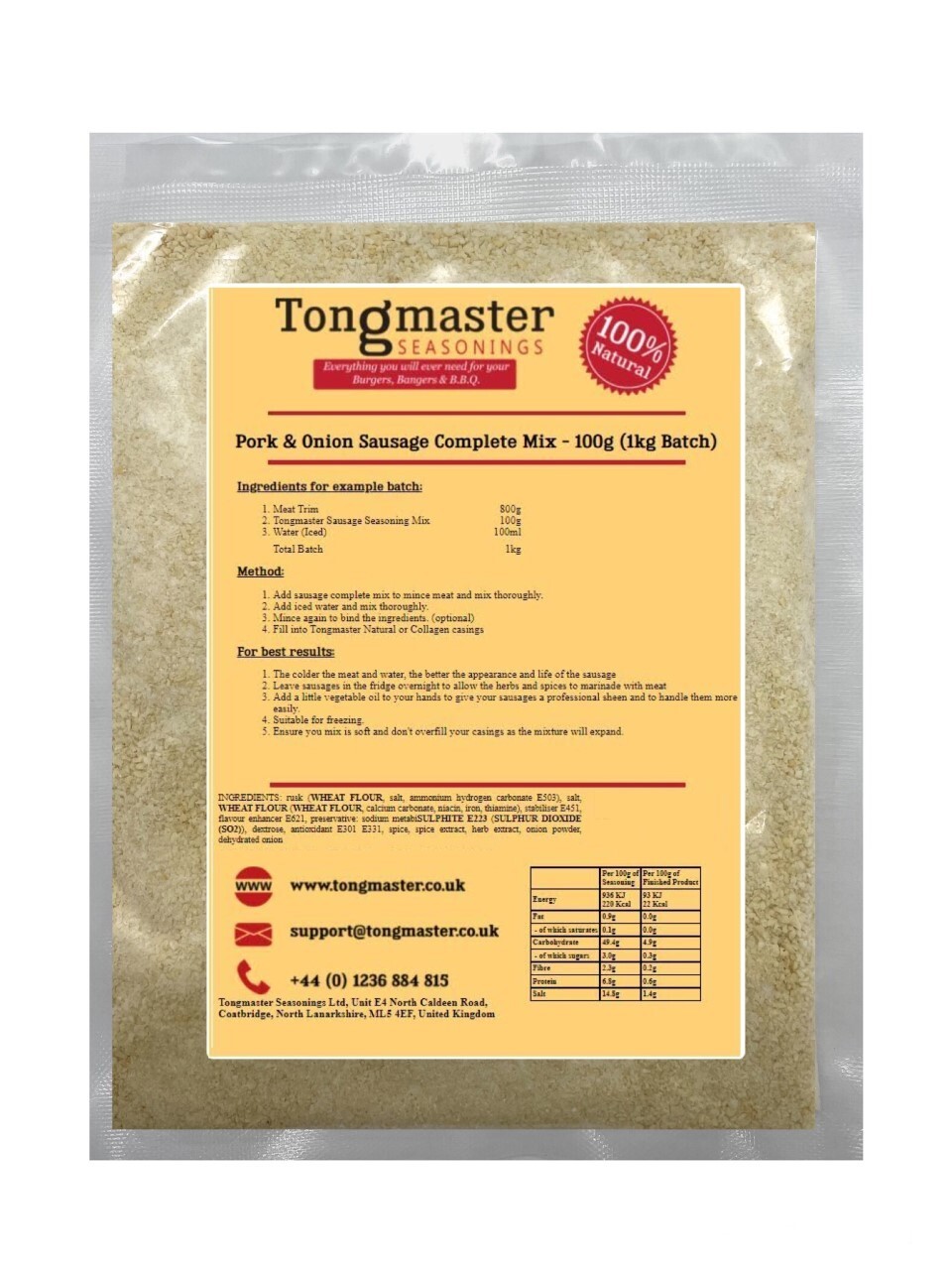 Pork & Onion Sausage Complete Mix - 100g (1kg Batch)