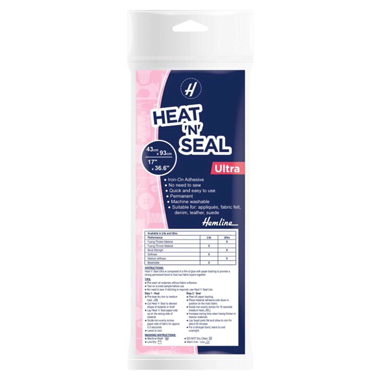 Hemline Heat 'n' Seal Ultra Iron On Adhesive: 93 x 43cm for Applique Patches