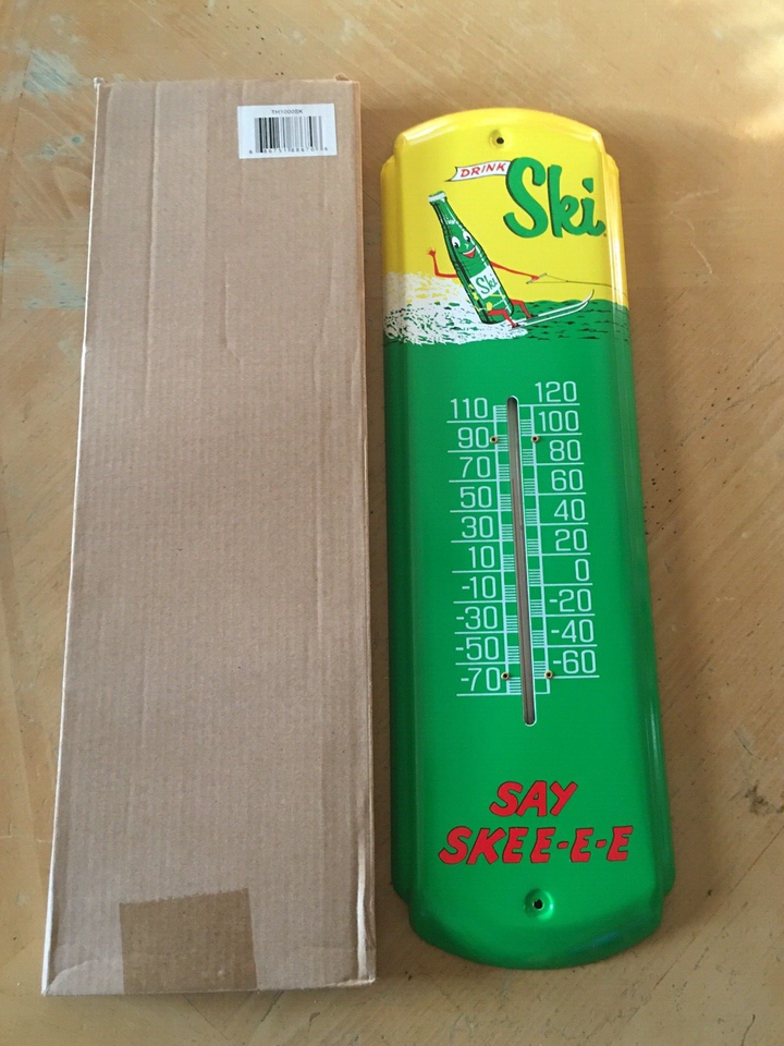 SKI SODA METAL ADVERTISING THERMOMETERs, (17"x 5") NEW IN BOX SAY