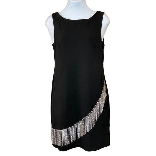Eliza J Dress Gold Embroidered Front Black Satin Shift Cocktail Dress Sz 6  New | eBay