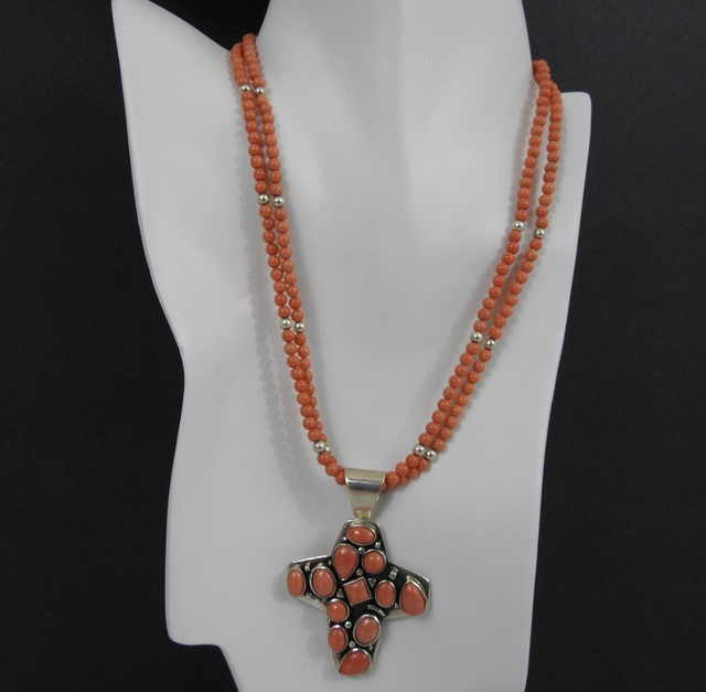 DTR  Pink Coral 2 Strand Necklace Sterling Silver Cross Pendant Jay King DRT