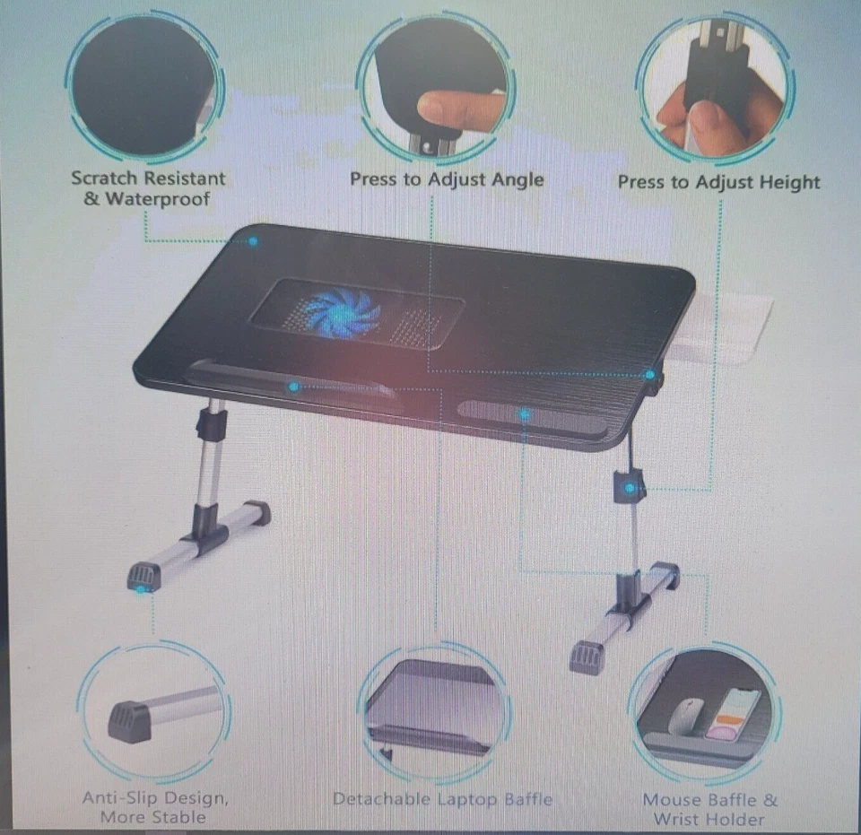 Escritorio Ergonómico para Portátil Soporte Ajustable Mesa de Cama Plegable con Cajón Ventilador de Enfriamiento Foto 2 de 4