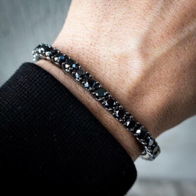 Unisex Solid 4mm Lab Create Black Diam Tennis Bracelet 14kt Black Gold Plated 8''