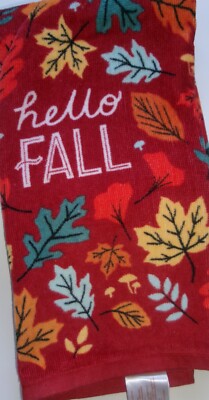 FULL UNCUT AUTUMN HELLO FALL LEAVES Print Cotton Kitchen Dishtowel