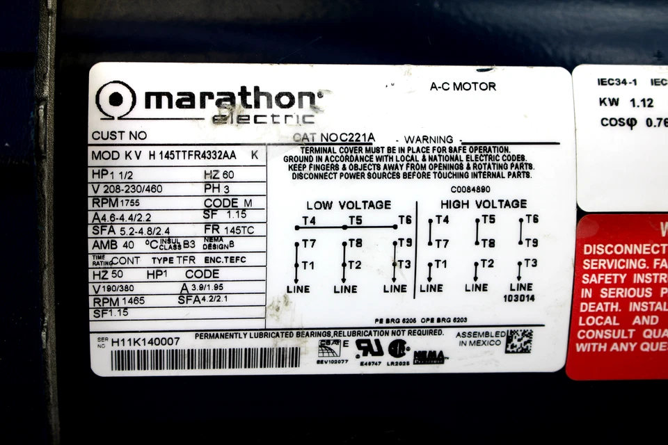 Marathon 电动 KVH 145TFR4332AA A-C 电机,1 1/2 惠普,208-230/460 伏,1755 RPM — 第 4/4 张图片