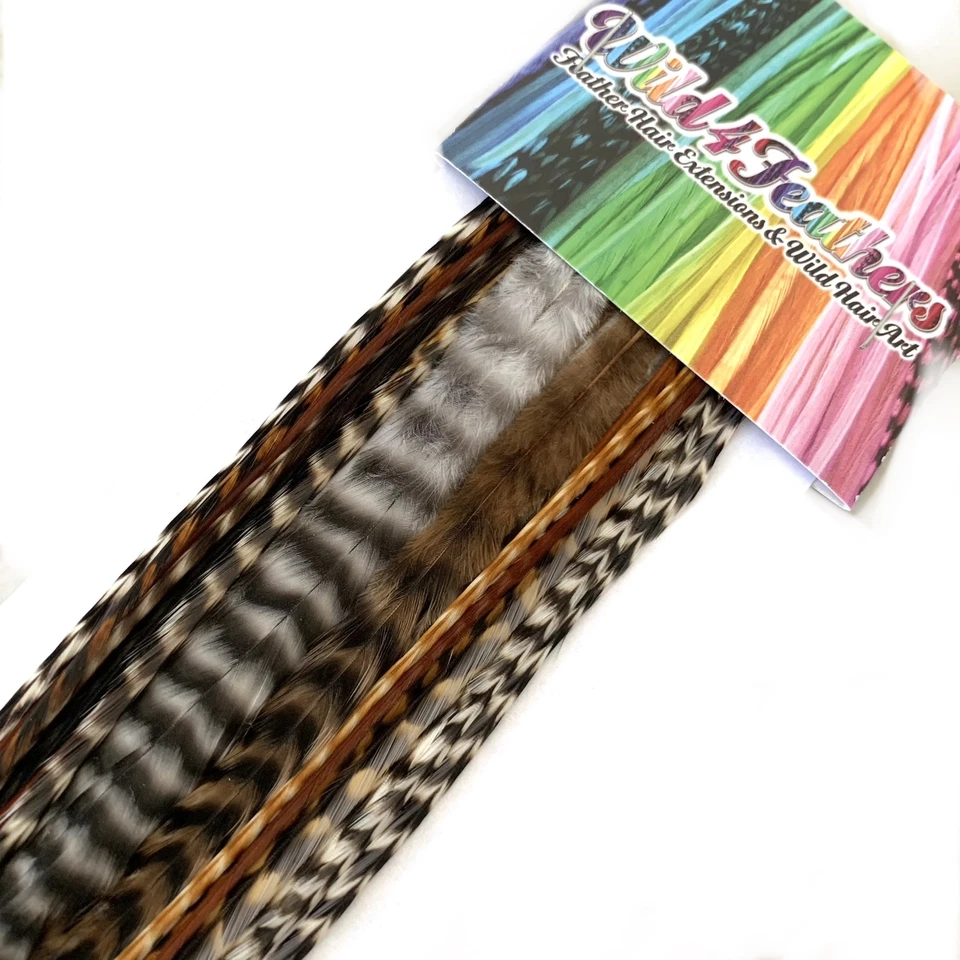 Feather Hair Extensions NATURAL WIDE n' SKINNY Grizzly LONG 20pc Tools Beads Kit - image 3 of 4