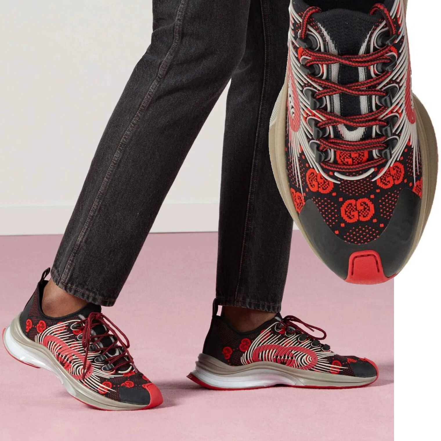 BASKETS GUCCI RUN LOW TOP LOGO GG NOIR ROUGE TISSU CHAUSSURES pointure 10,5 11