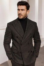 Men's Gray Wool Herringbone Tweed Vintage Check Retro Groom Tuxedo Wedding Suit