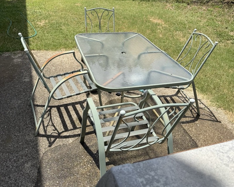 Glass and Metal Patio Furniture Set, Four Chairs One Glass Table