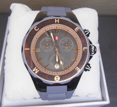 Michele Jelly Bean Tahitian Watch Rose Gold Silver Grey Chronograph MWW12F000064