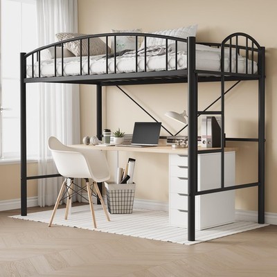 Metal Loft Bed Frame Twin Size, Sturdy with Safety Guardrail for Teens & Adults