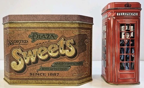Lot Of 2 Vintage Tin Containers Made In England Plaza Brand Sweets & Bedford Tin