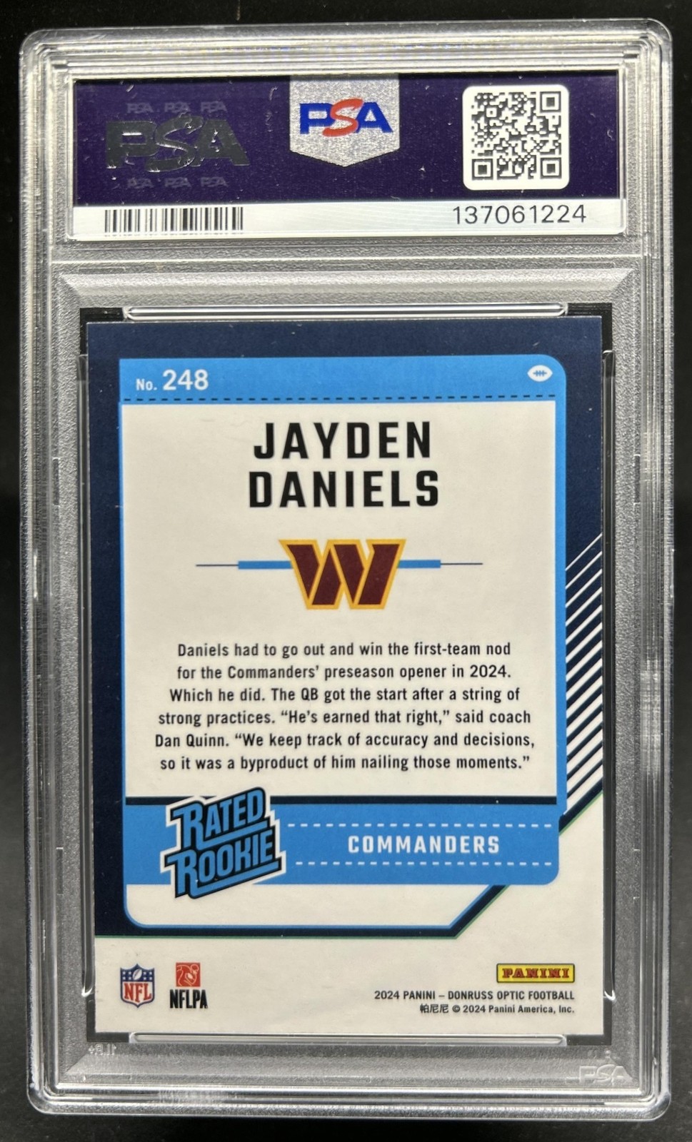 2024 Panini Donruss Optic Jayden Daniels Rated Rookie #248 Commanders PSA 9 view 2
