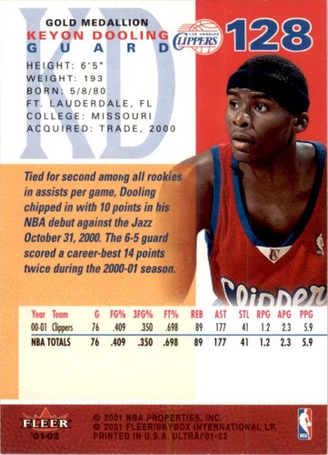 2001 Ultra Gold Medallion #128 Keyon Dooling Los Angeles Clippers - Picture 2 of 2