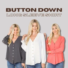 1X 2X 3X Women V Neck Shell Button Long Sleeve Shirt Blouse Round Hem Woven Top