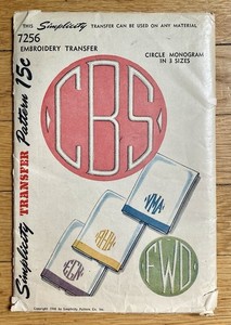 Vintage 1940s Monogram Transfer Pattern, Simplicity 7256 for Embroidery 1946