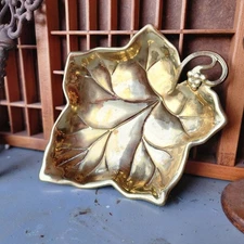 Vintage Gold Leaf-Shaped Trinket Dish With Grapevine Handle