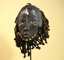 Authentic African Dan Mask With Braided Fibre Hair & Cowrie Details Mask-G6033