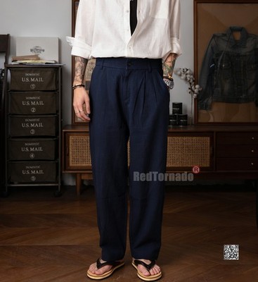 Red Tornado Men Summer Retro Linen Pants Cotton Casual Pants Loose Fit Trousers