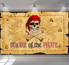 Beware of the Pirate Flag Banner - Pirates Theme Beige Red Black