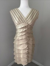 ADRIANNA PAPELL Champagne Layered V-Neck Cocktail Dress 4P