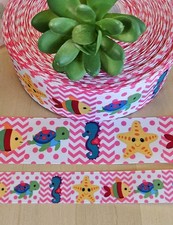 7/8  1.5" 1 YD Tropical Grosgrain Ribbon Turtles Seashell Seahorse Fish Ocean