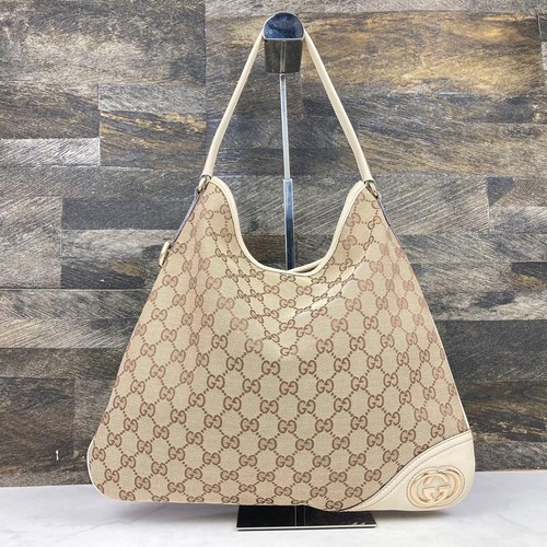 GUCCI GG Canvas Hobo Shoulder Bag Beige Off White Leather Trim Vintage Italy