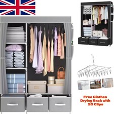 Grey portable canvas wardrobe with small compartments, drawers, hanging rails
